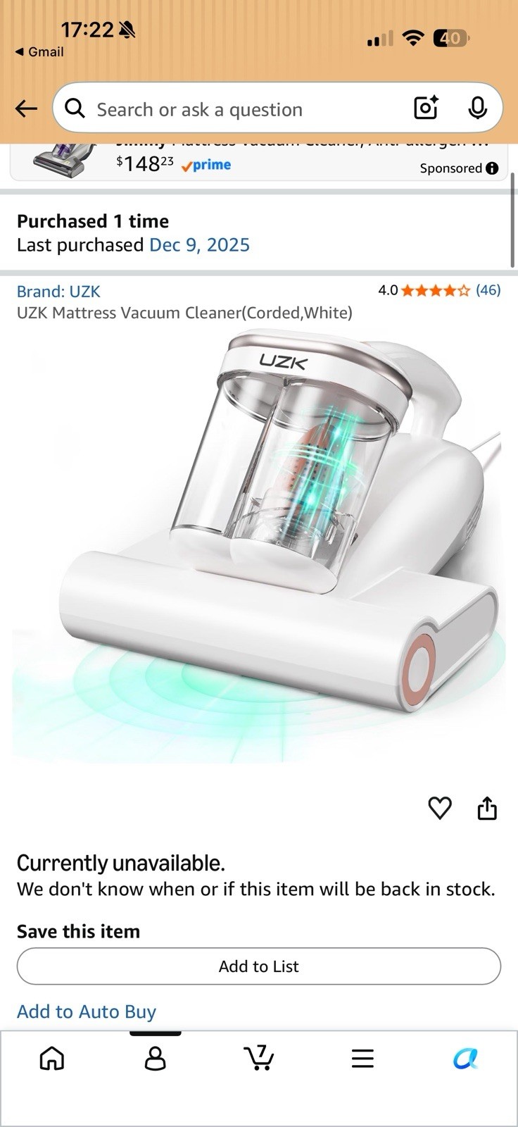 UZK Mattress Vacuum Cleaner Corded Electric White Bed Vacuum Cleaner