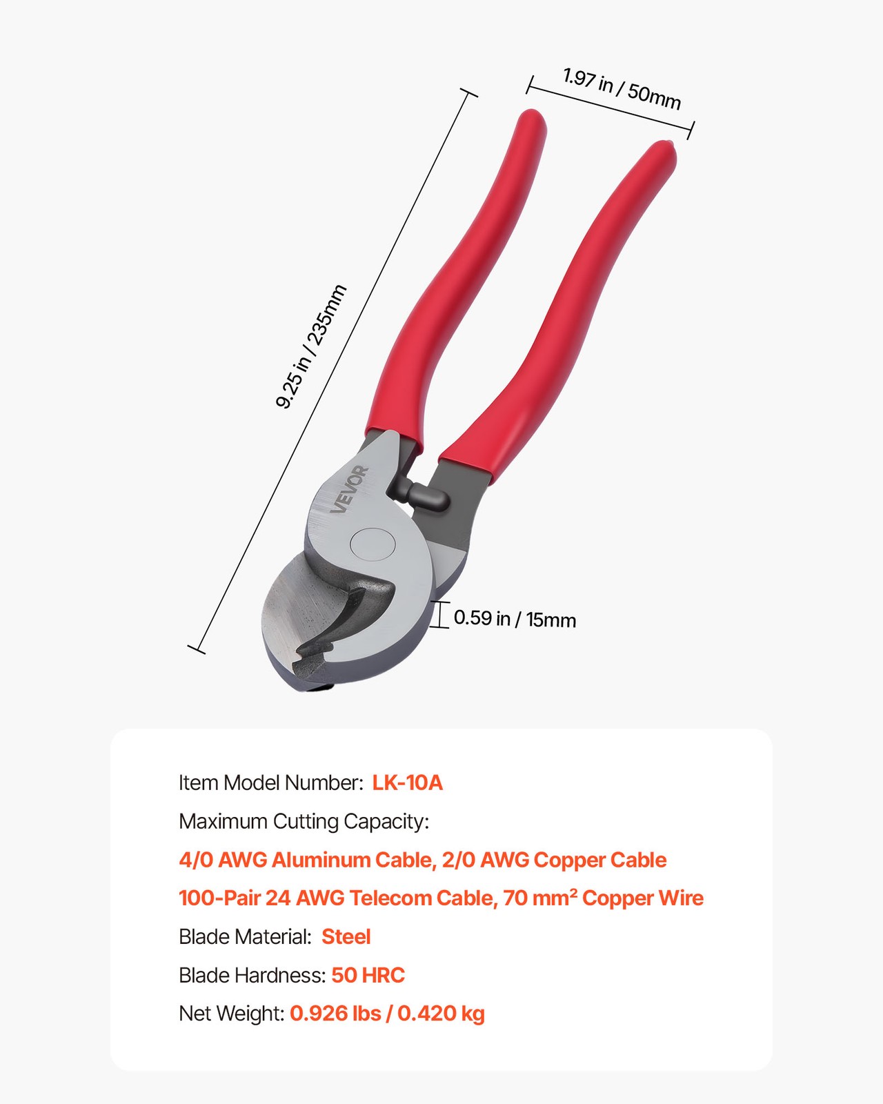 VEVOR High Leverage Cable Cutter 235 mm for 4/0 AWG Aluminum 2/0 AWG Copper