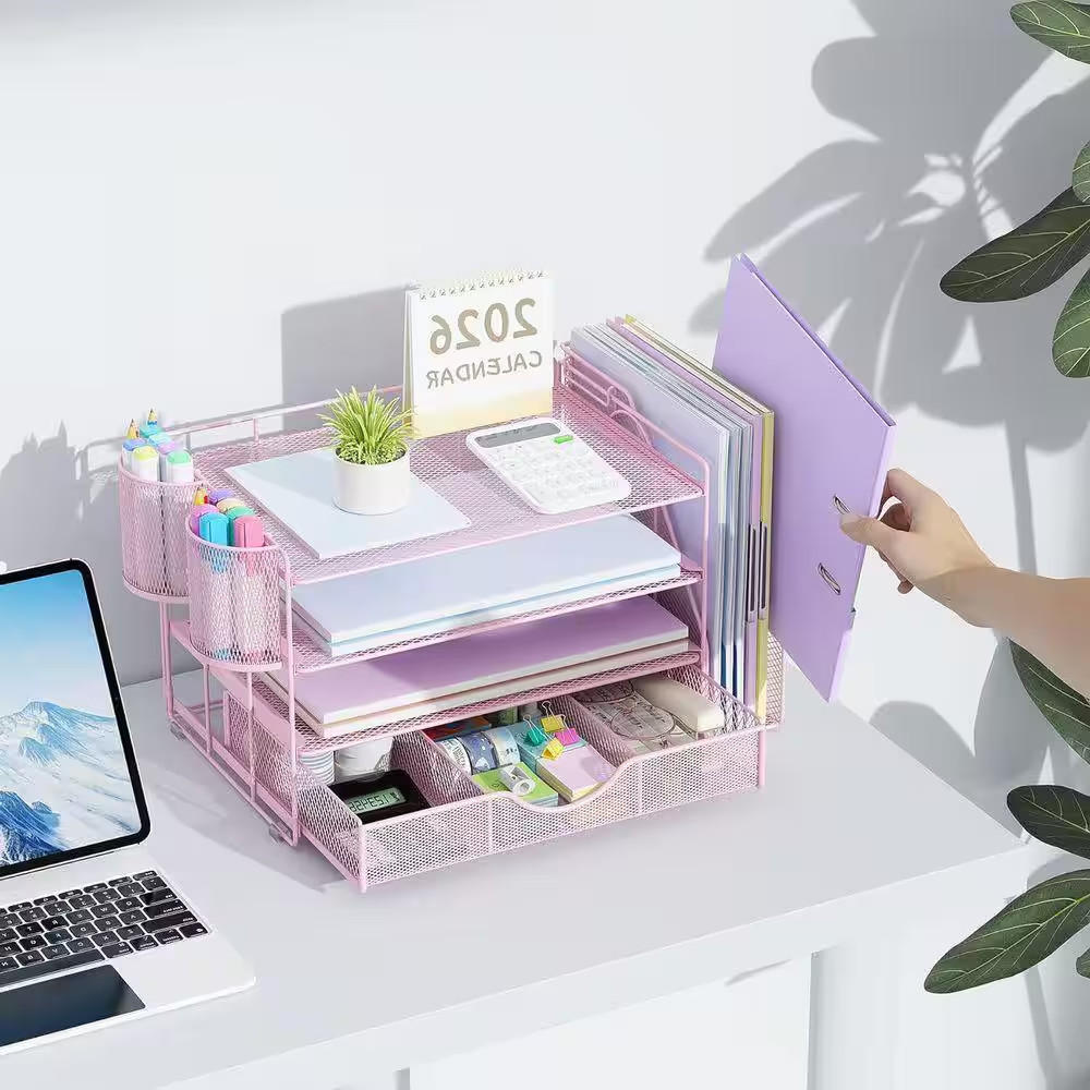 Pink 15.5 In. X 9.2 In. Metal Modern Desk File Holder with Drawer and 2 Pen Hold