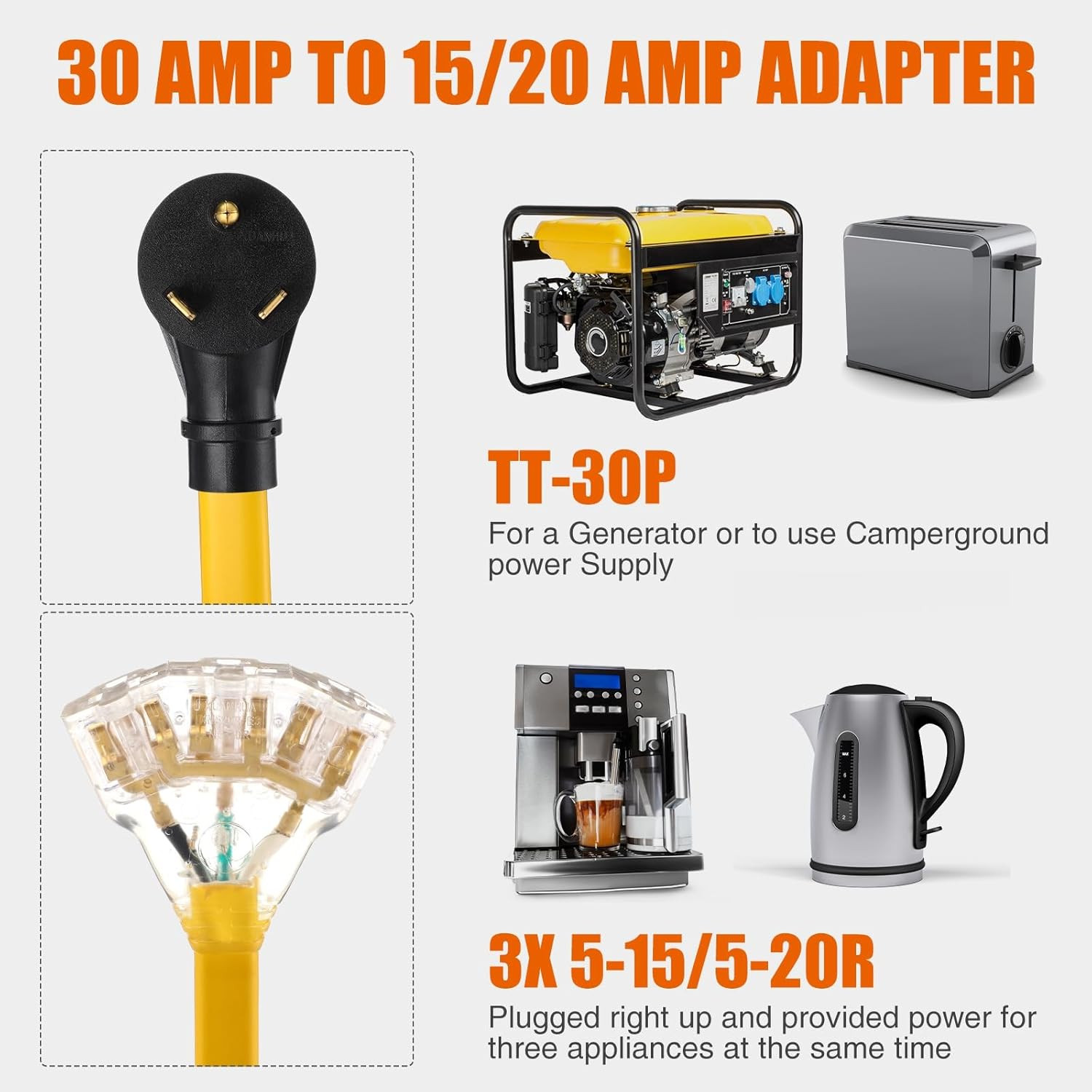 35 FT Flat RV Generator Adapter Cord NEMA Tt-30P to 3X 5-20R/5-15R, 30A to 110V