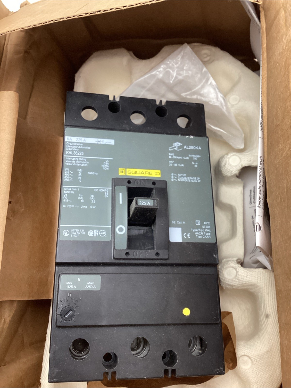 Square D KAL36225 Molded Case Circuit Breaker 225A 600 Volt 3 Pole