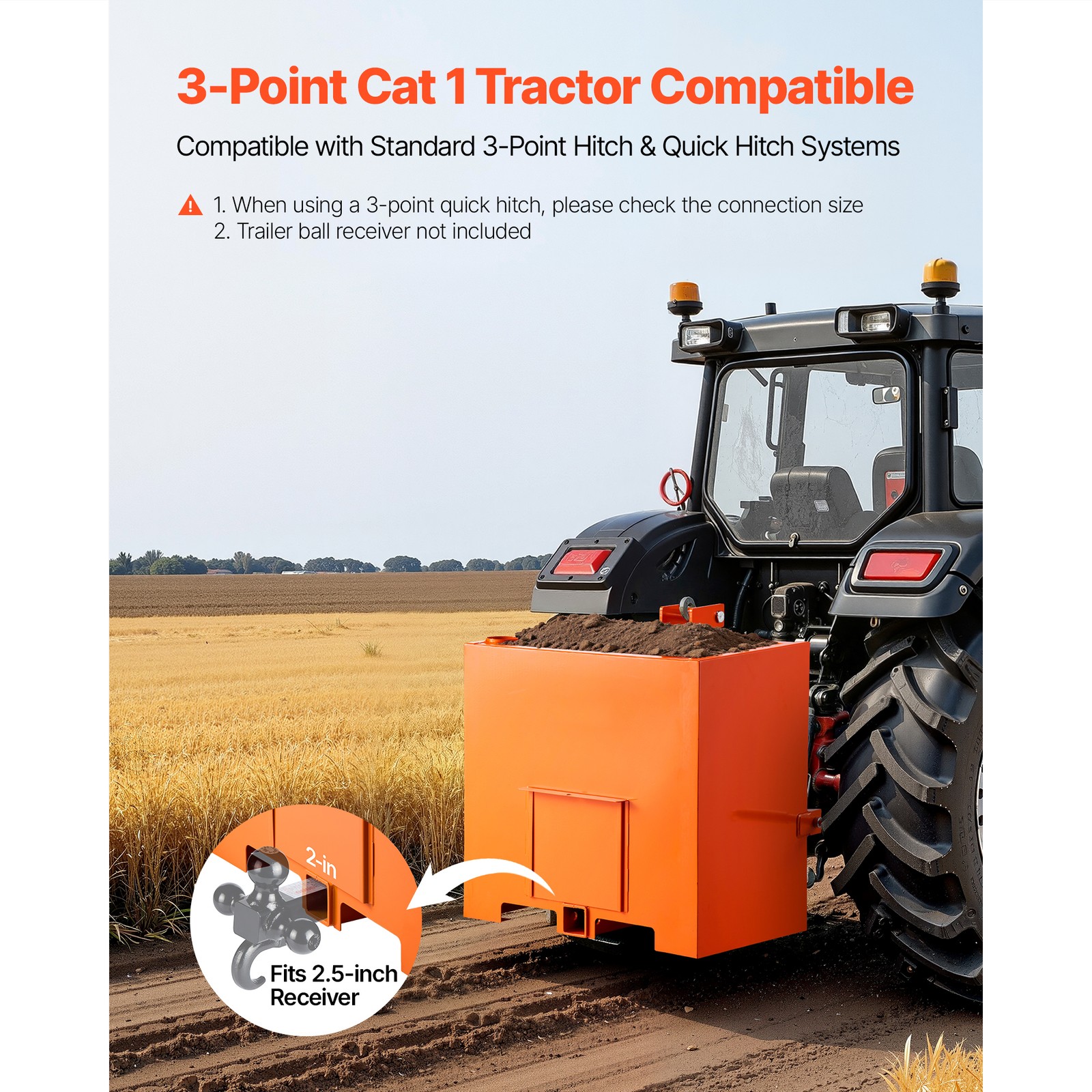 Ballast Box 3 Point Category 1 Tractor 5ft³ Capacity 800lbs Counterweight Orange