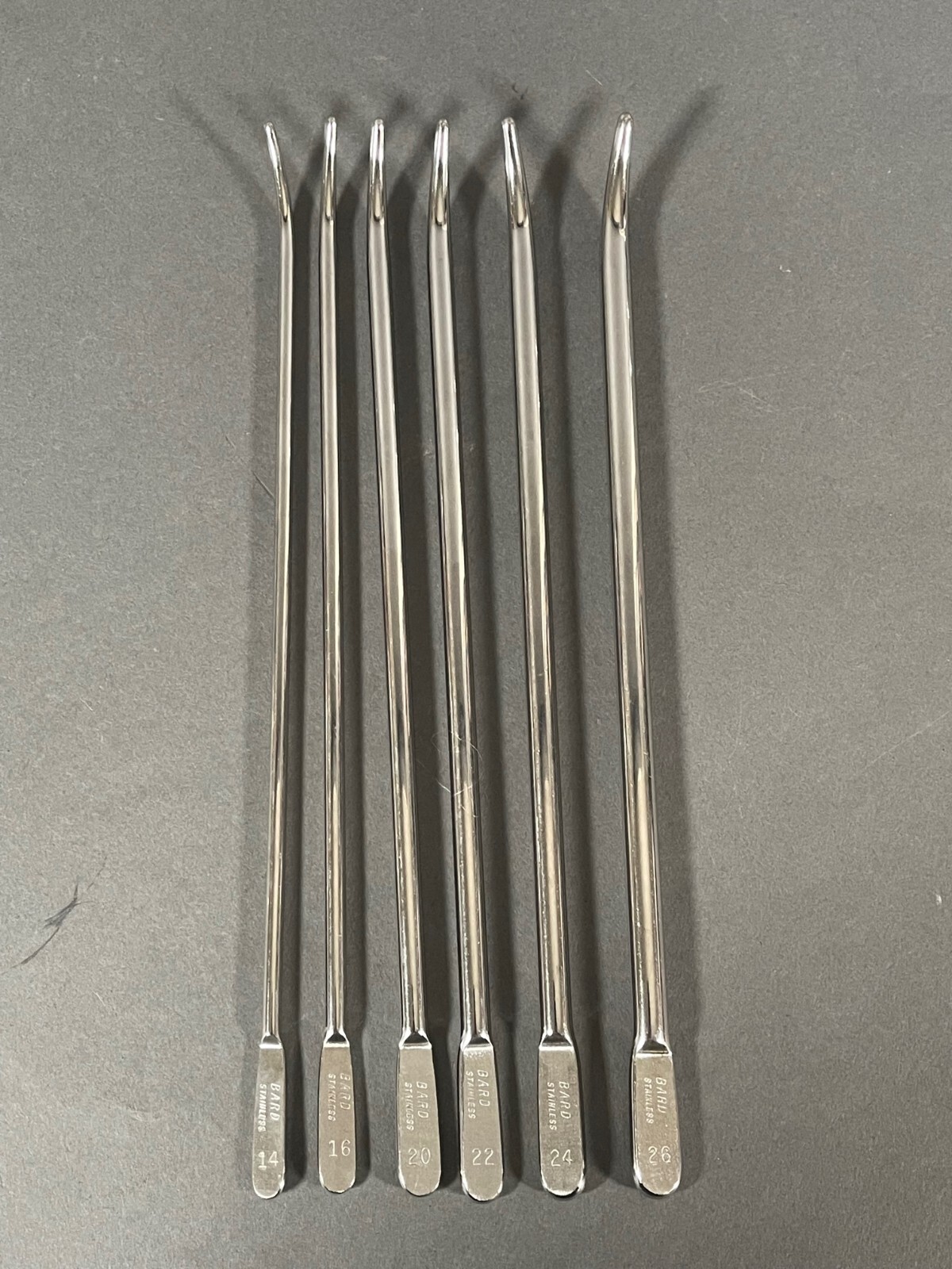 Set of 6 BARD Female Urethral Sounds Set Sz 14, 16, 20, 22, 24, 26 Fr Stainless