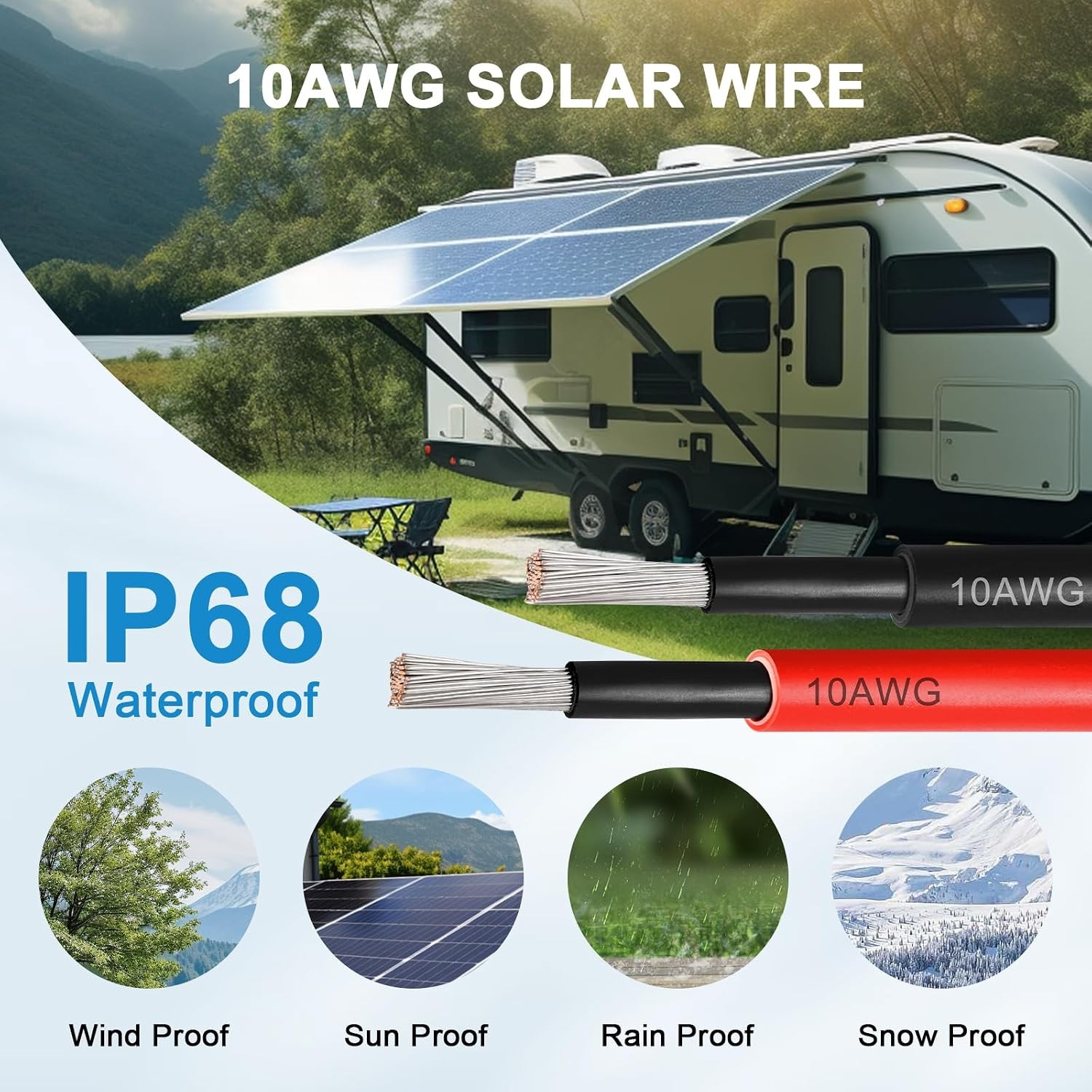 Solar Panel Wire 10 AWG(6mm²) – Solar Extension Cable 100Ft Black & 100Ft Red 10