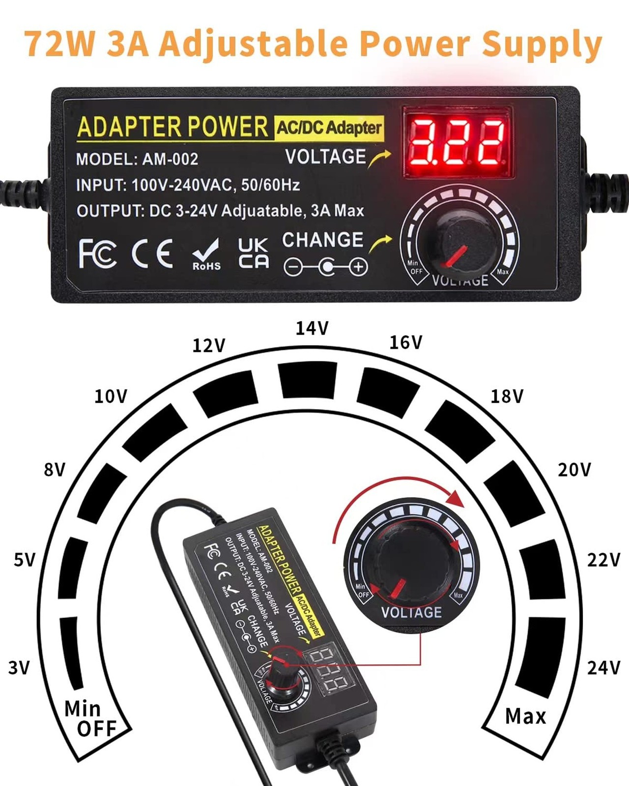3V ~ 24V 3A 72W Power Supply Adjustable 3V 5V 6V 9V 12V 15V 16V 18V 19V 20V 2…