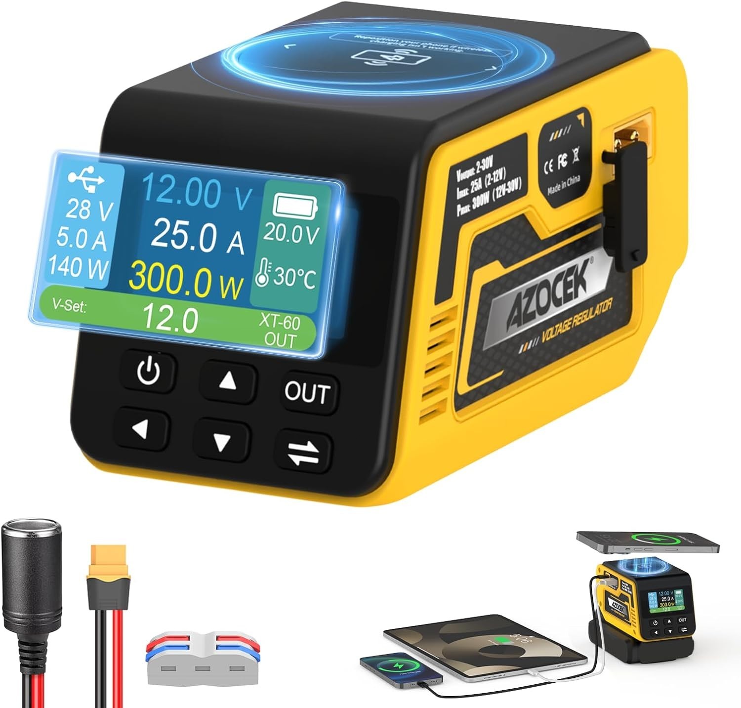 300W DC 2-30V Adjustable Voltage Regulator Compatible with Dewalt 20V Battery