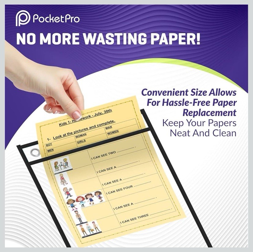 PocketPro Dry Erase Pockets 6 Pack 14”x 10” Reusable Sleeves Perfect for Class