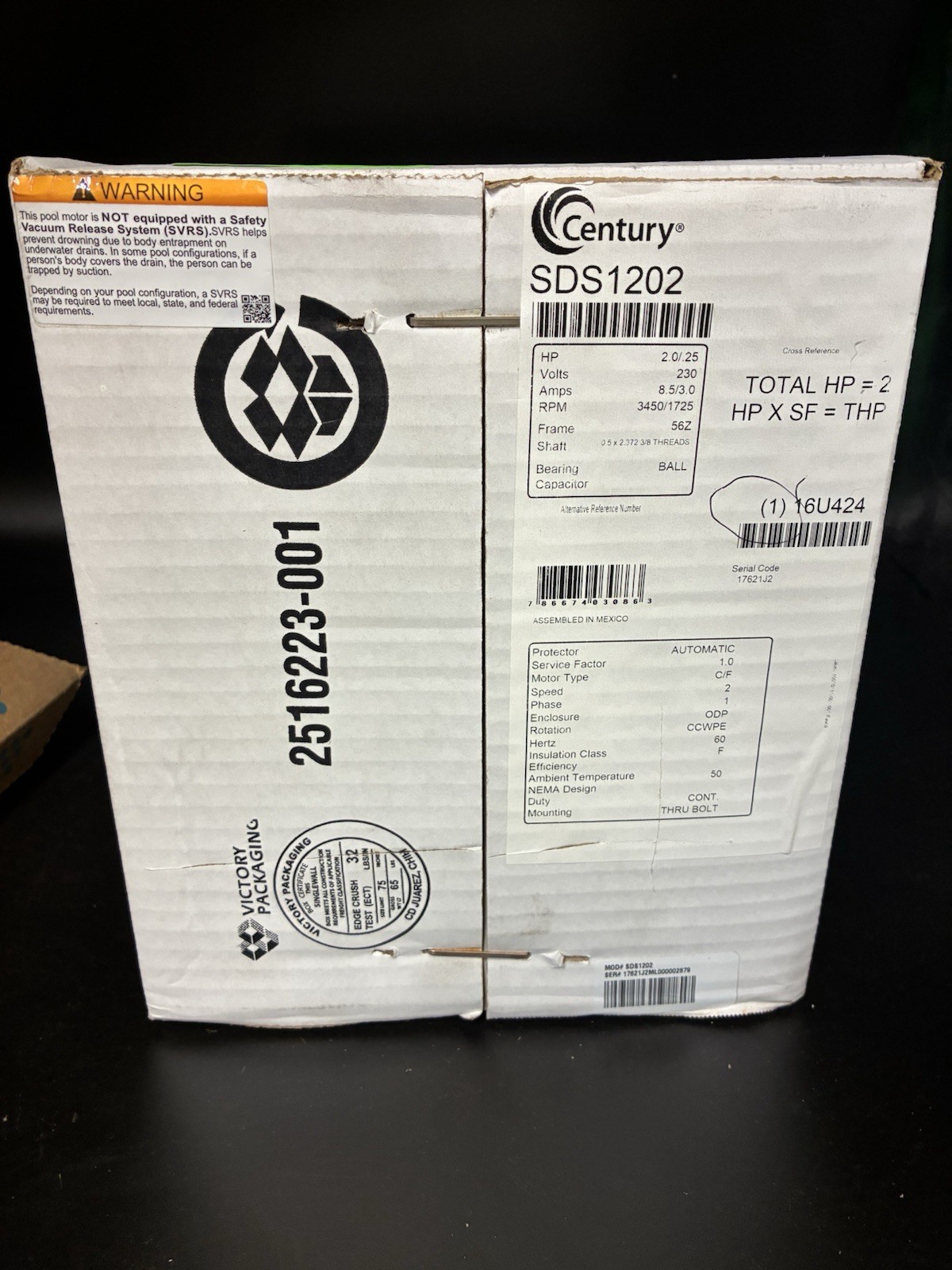 Century SDS1202 Pool Pump Motor 2 1/4 HP 56Z Frame 3450/1725 Nameplate RPM