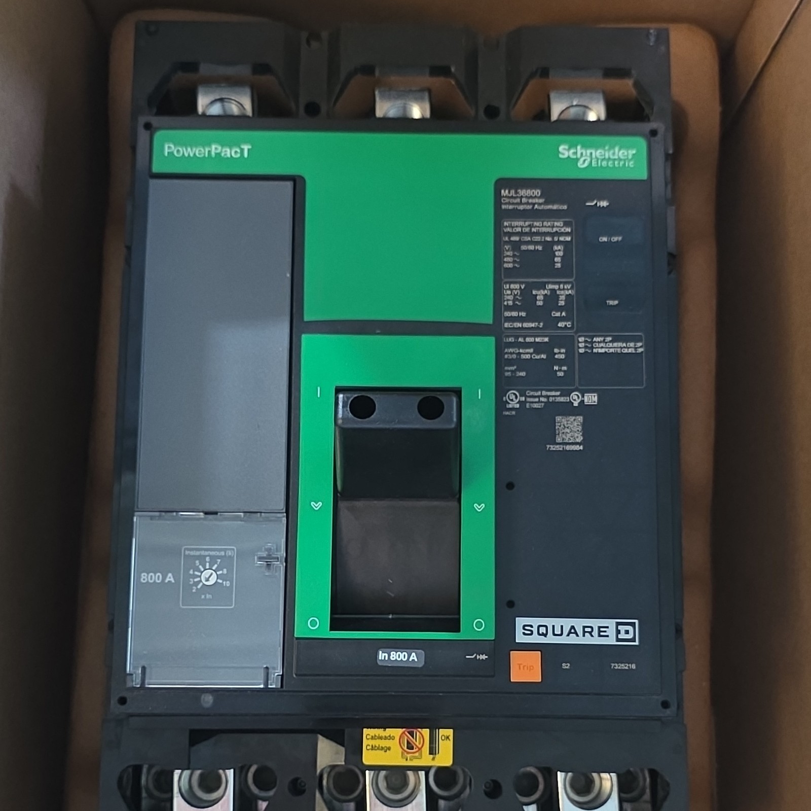 New 800A I LineSquare D PowerPacT MJL36800 Ckt Brkr 800A 3-Pole 600V AC Trip Ind