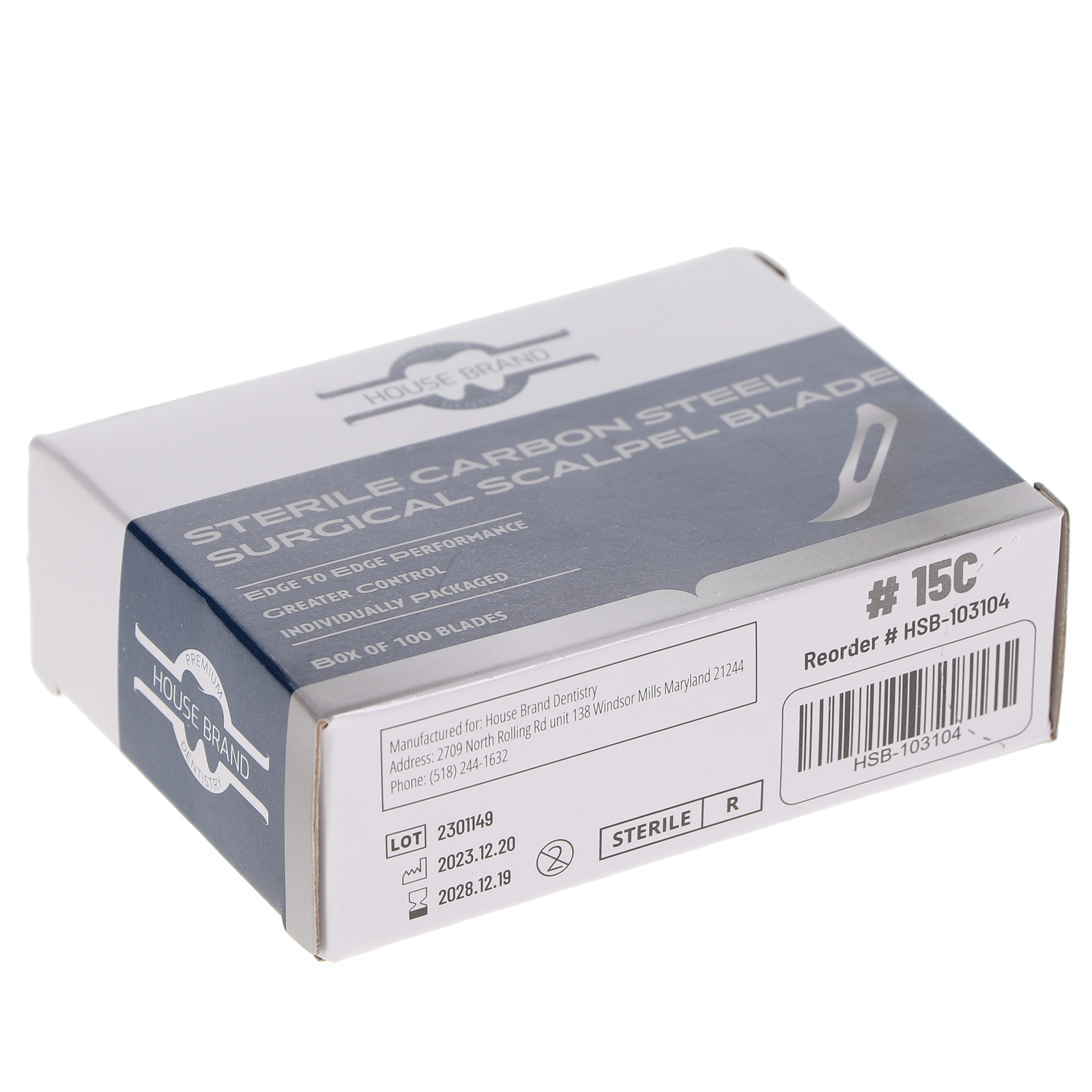 House Brand Dentistry 103104 HSB #15C Sterile Carbon Steel Scalpel Blades 100/Pk