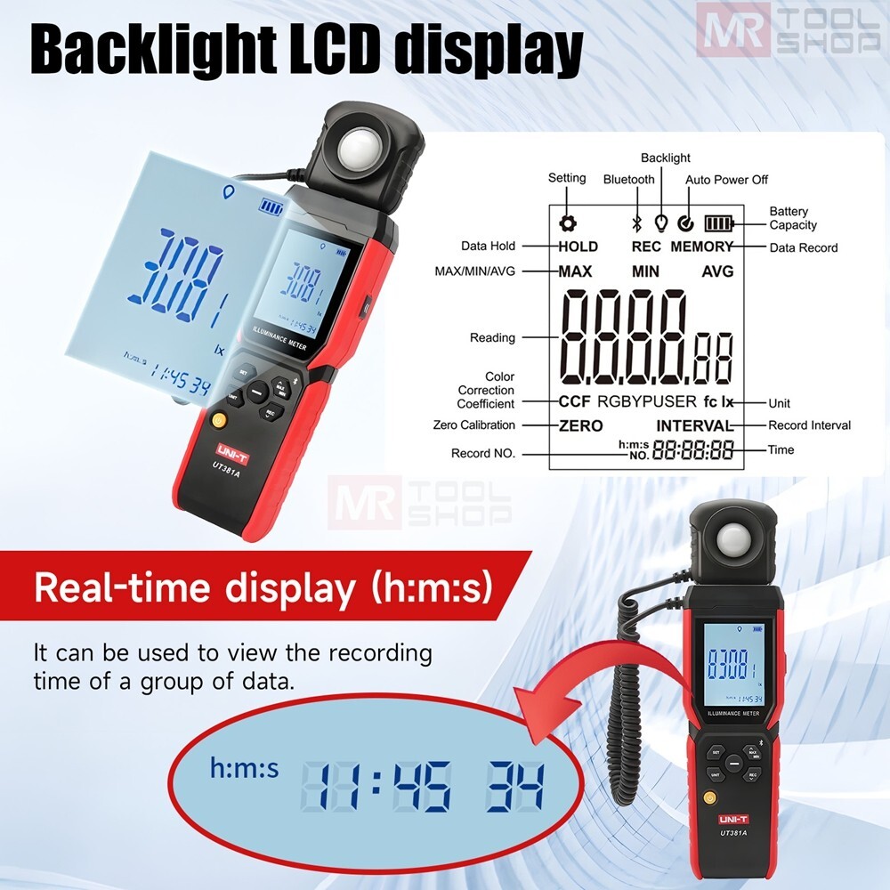 UNI-T UT381A Digital Illuminance Light Meter Bluetooth Luxmeter 400,000lx APP C