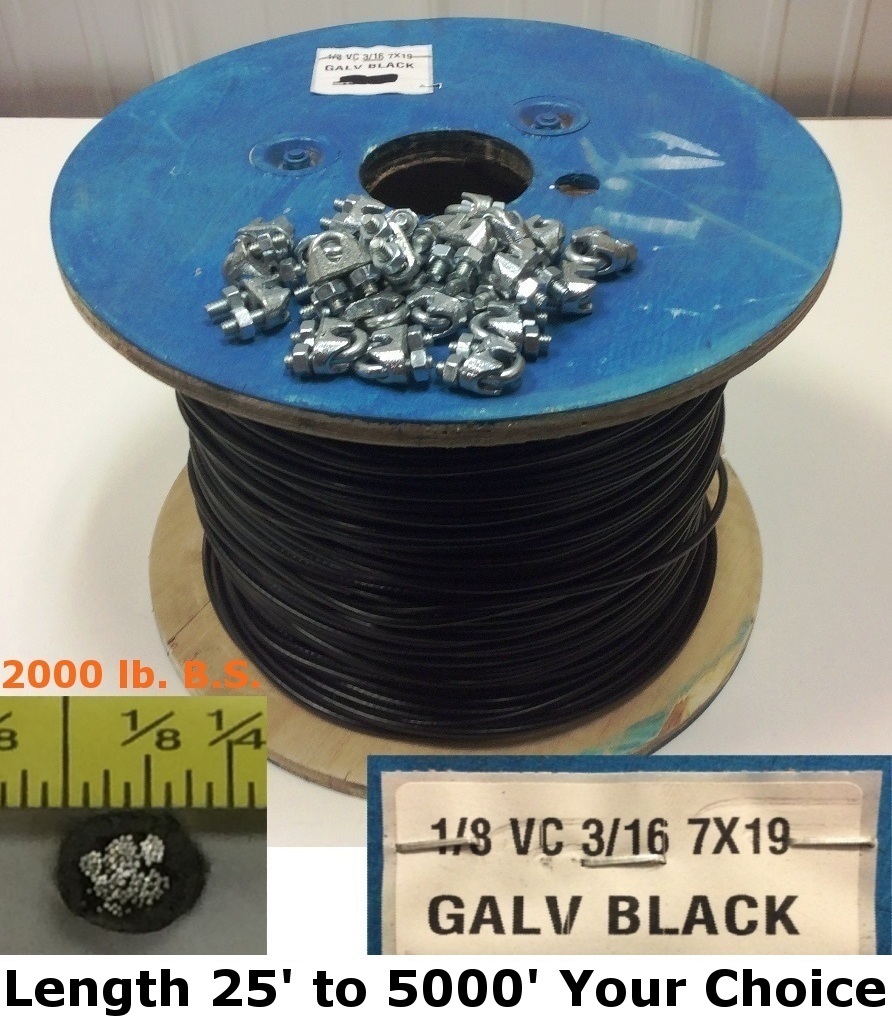 Vinyl Coated Steel Aircraft Cable Wire 1/8″ VC 3/16″ 7×19 Black w/ Cable Clamps