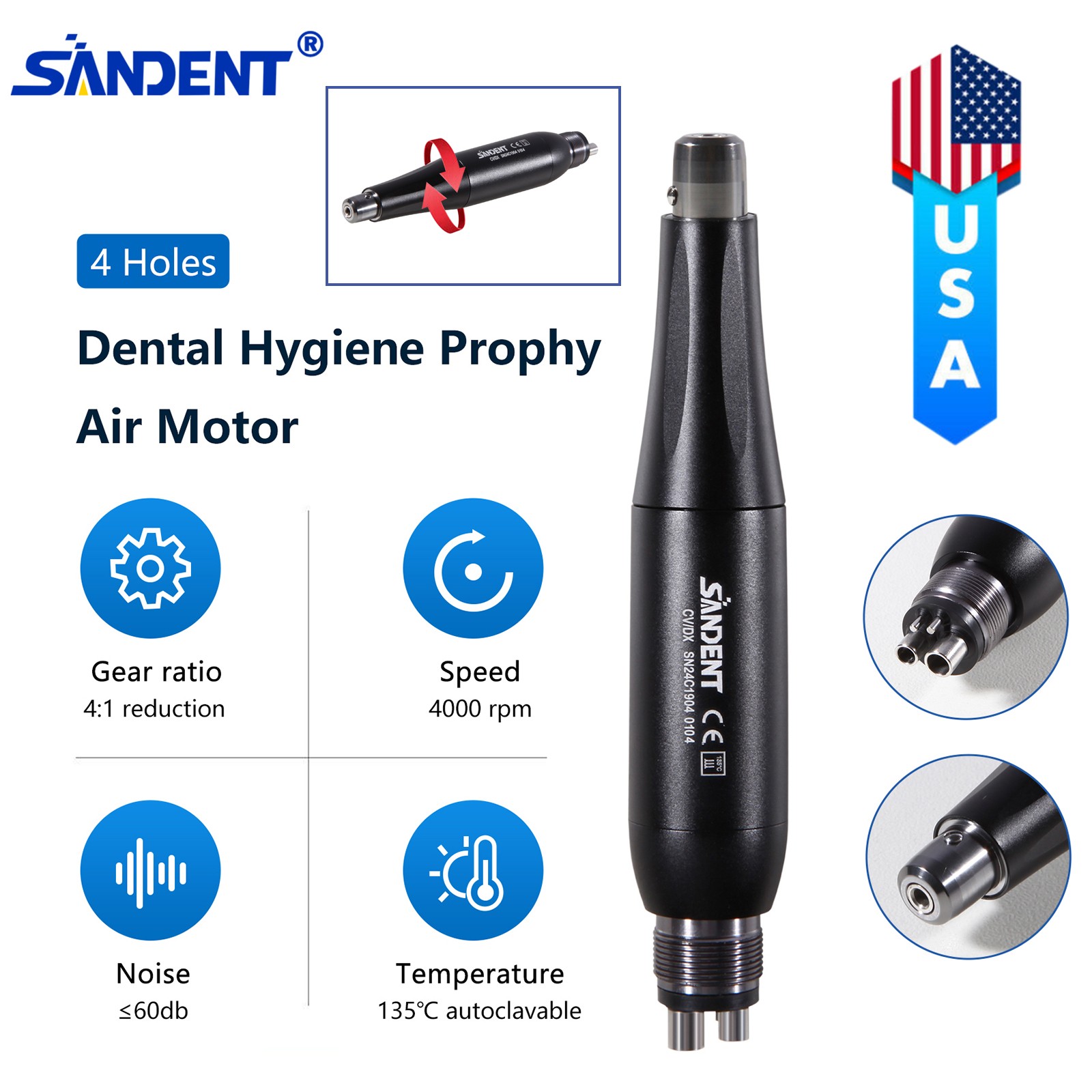 360°Swivel Dental Hygiene Prophy Handpiece Air Motor 2/4Hole 4:1 Nose Cone Color