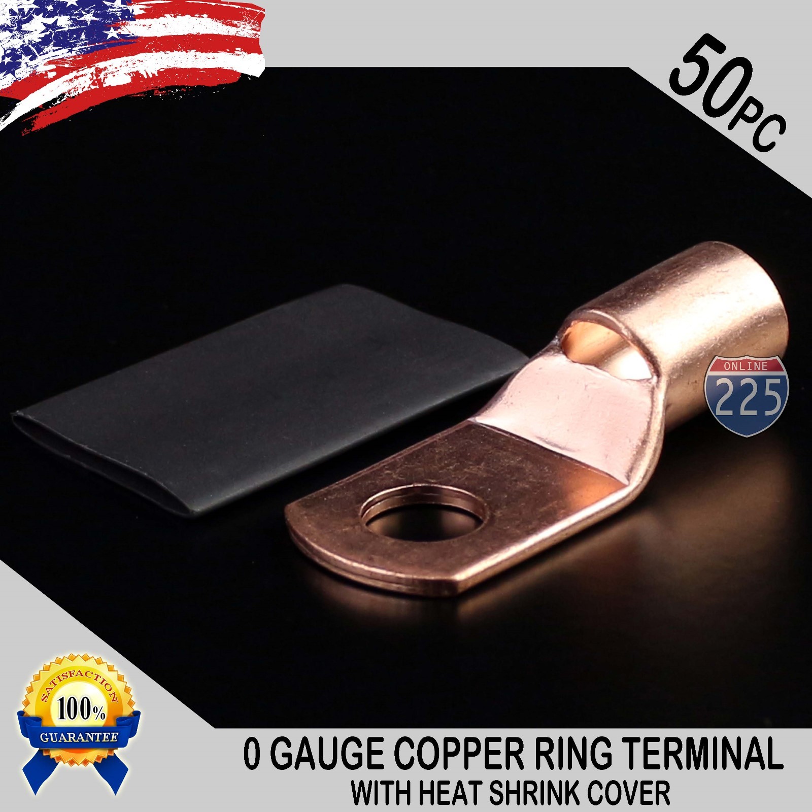 50 PCS 1/0 AWG 0 GA Copper Ring Terminal Heat Shrink 3/8″ Lug Hole Connector US