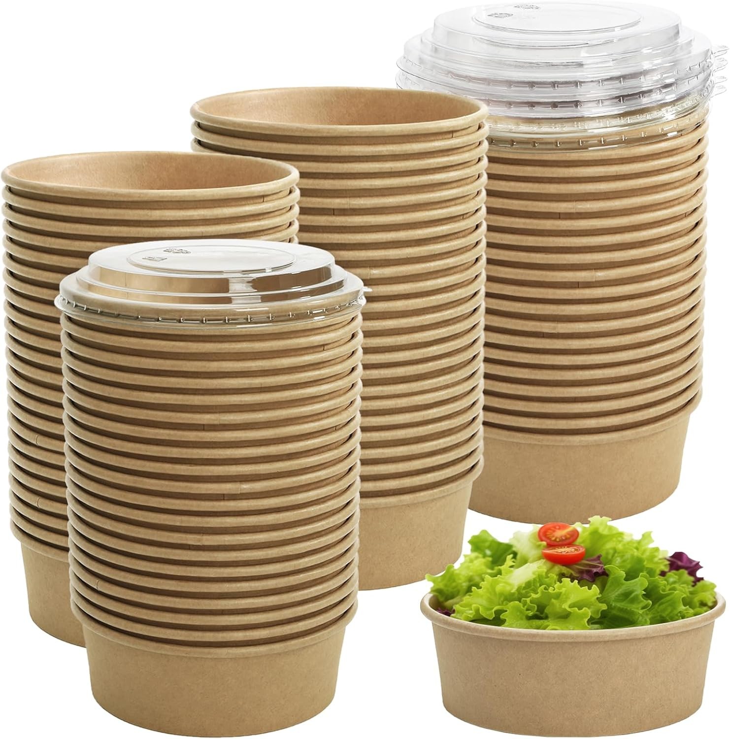 Kraft Paper Bowls with Lid 17 oz 50 Pack | Disposable Water/Oil Proof For Hot