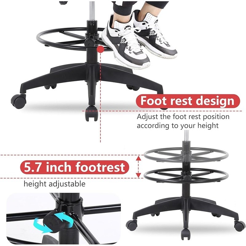 Ergonomic Drafting Chair W/ Foot Ring Adjustable Height Comfortable Mesh Support