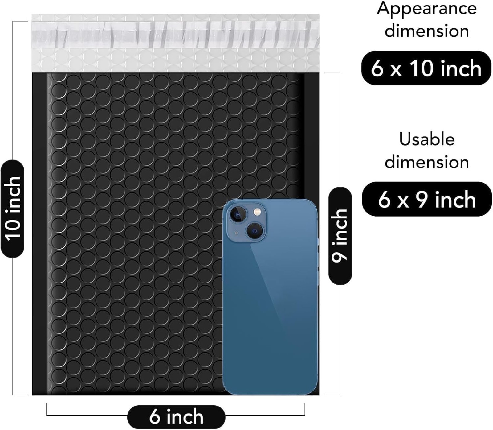 Bubble Mailers 6×10 Inch Black Padded Envelopes 100 Pack Usable Size 6×9