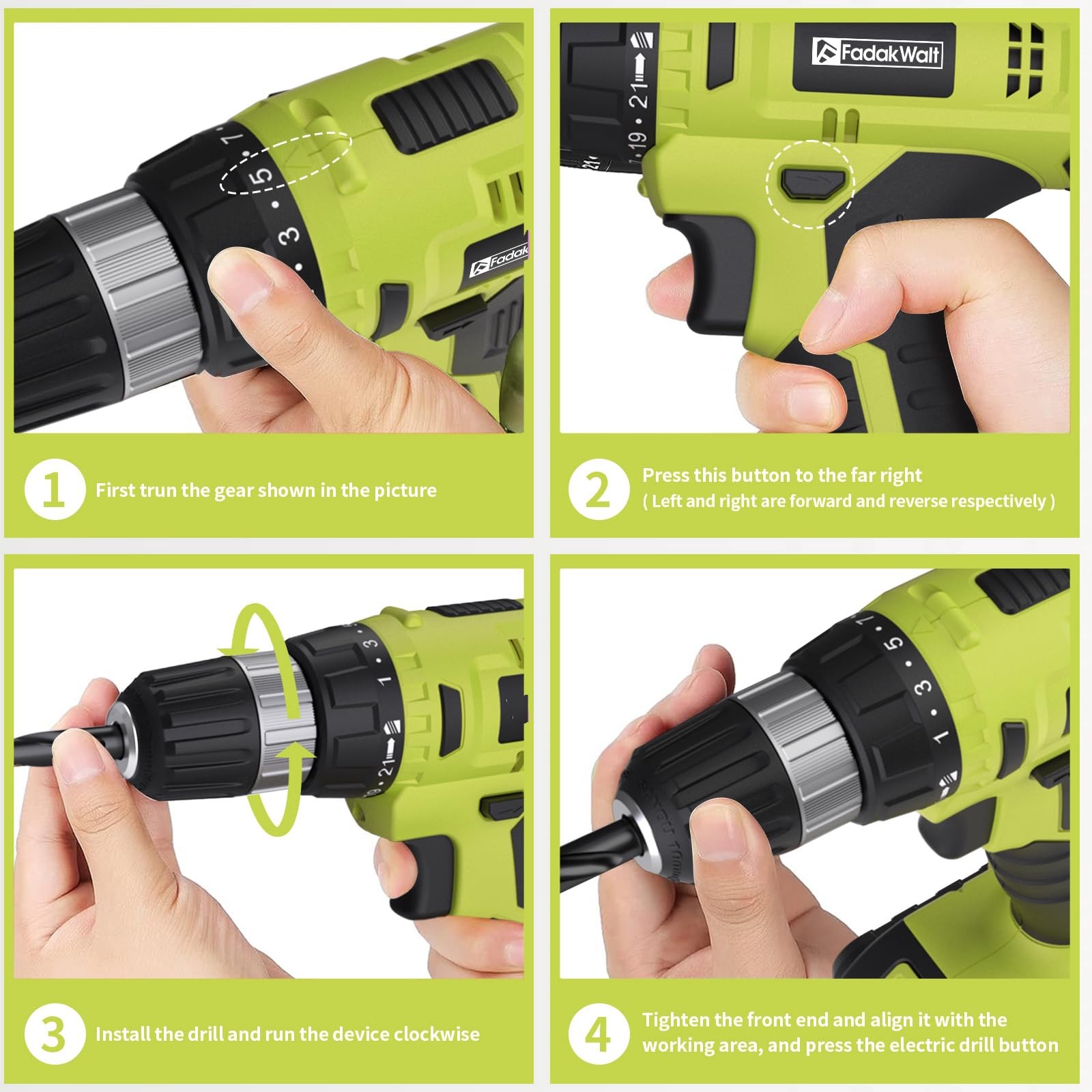FADAKWALT Cordless Drill Set, 20V Electric Power Drill with Battery And Charger,
