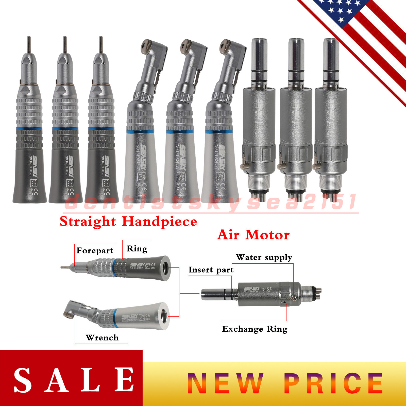 SEASKY Dental Slow Low Speed Handpiece Straight Contra Angle Air Motor 4/2Holes
