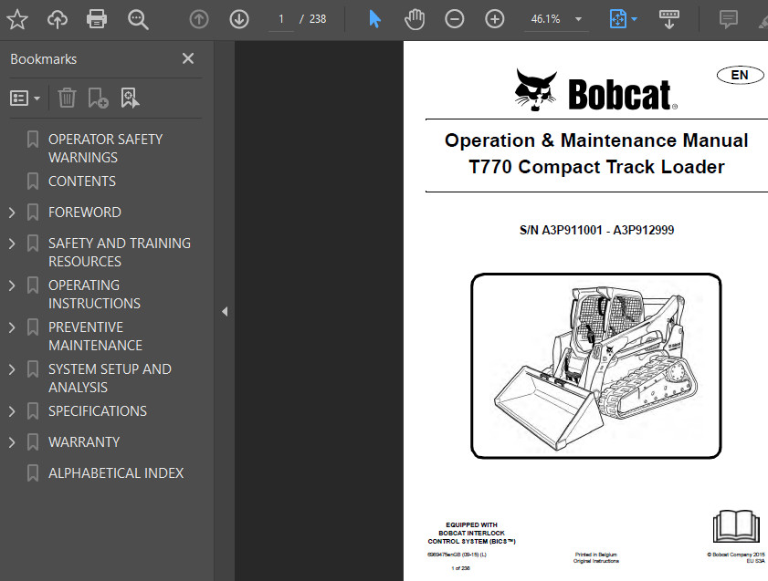 BOBCAT T770 COMPACT TRACK LOADER OPERATORS SERVICE REPAIR SHOP MANUAL PDF USB