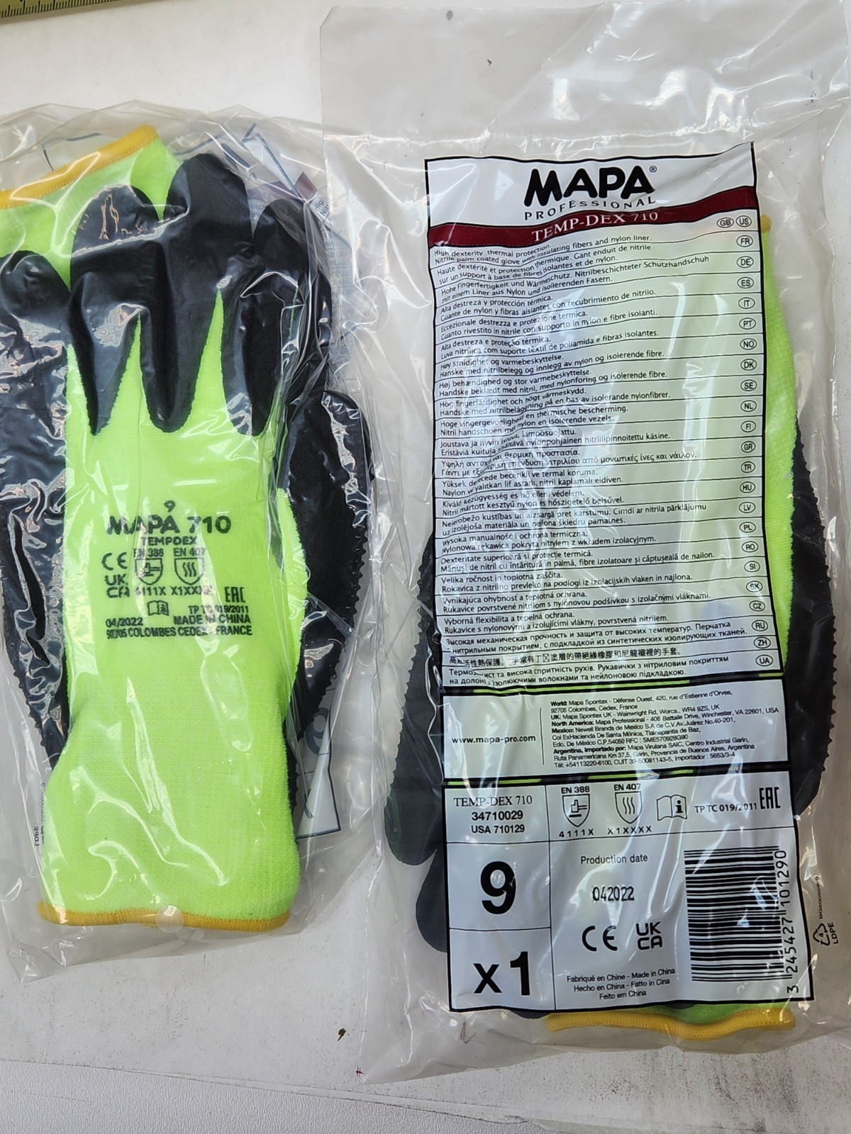 MAPA Temp-Dex 710 Nitrile Palm Coated Thermal Gloves w/ Dots Light Weight Size 9