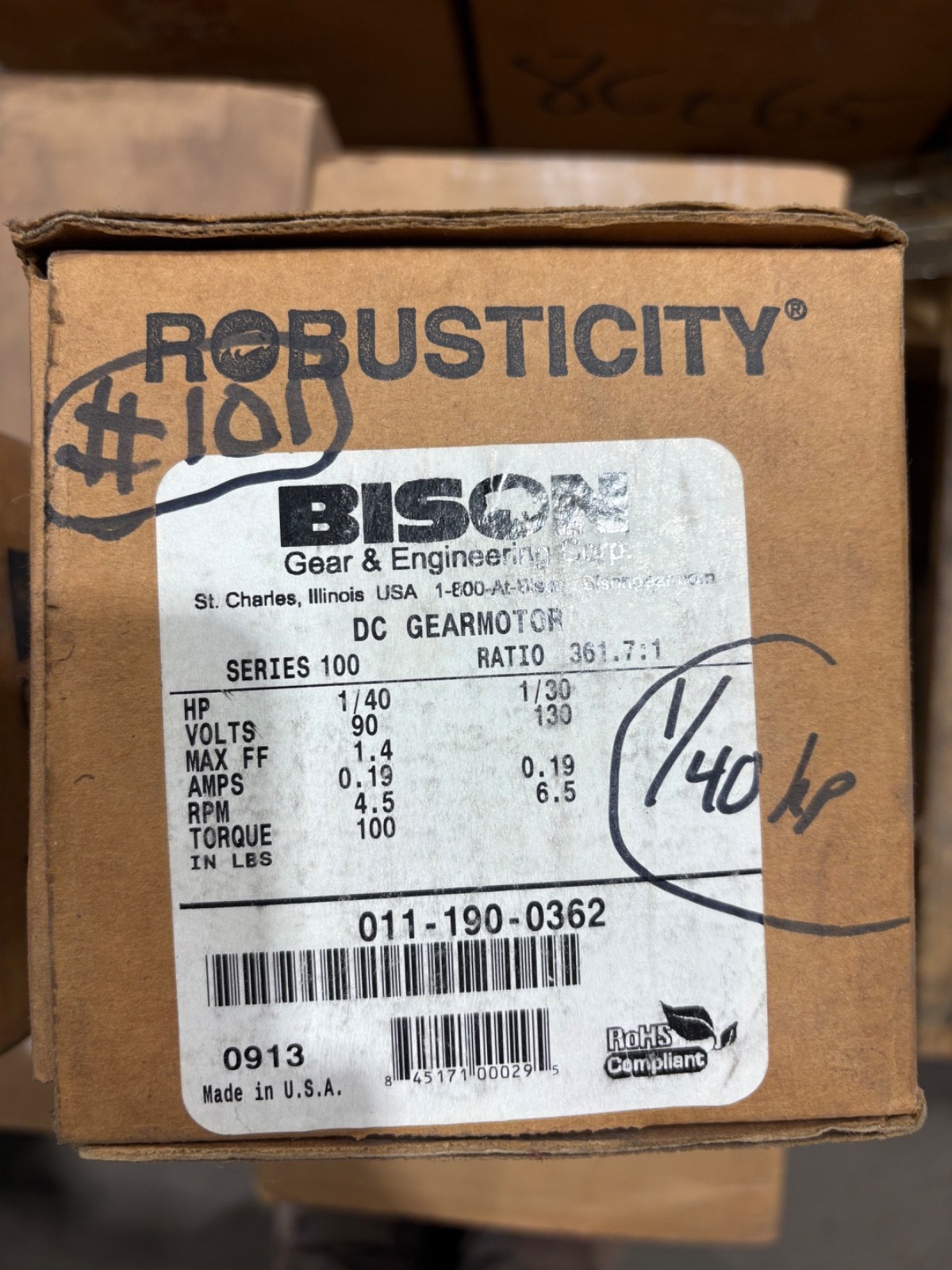 Bison 1/40HP 4.5 RPM 100lbs Torque DC Gearmotor 011-190-0362 – SURPLUS
