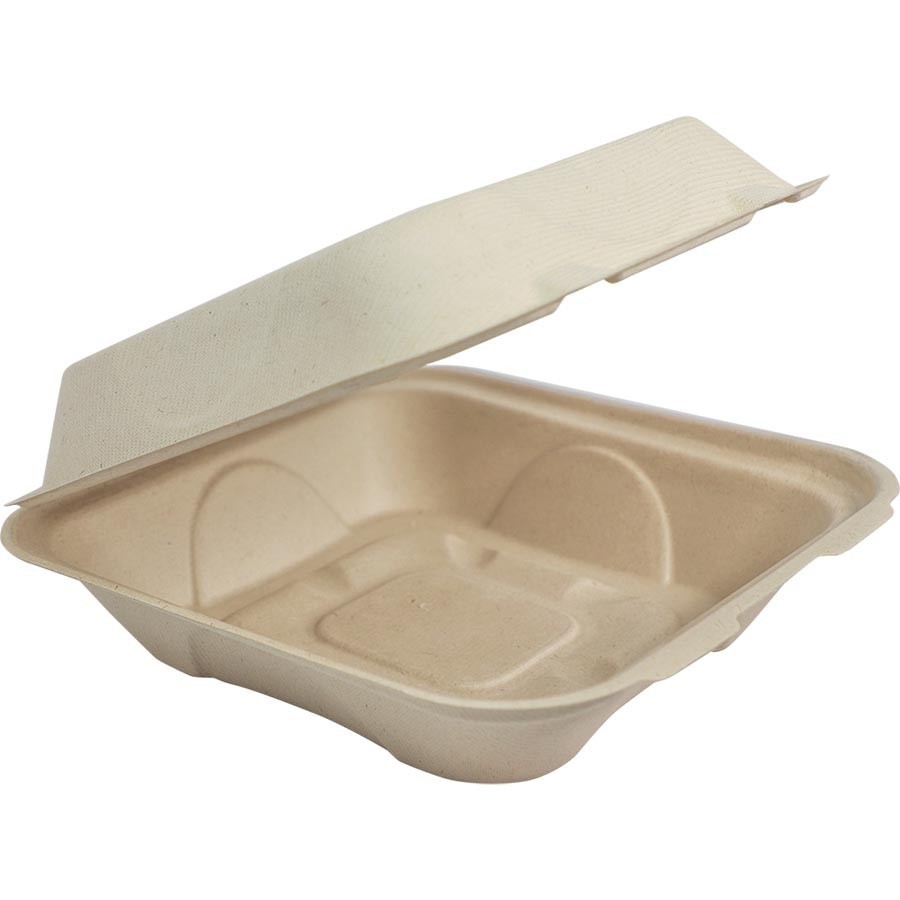 9”x9” Paper Hinged Containers, PFAS Free, Molded Fiber – 200 pcs 1 Compartment
