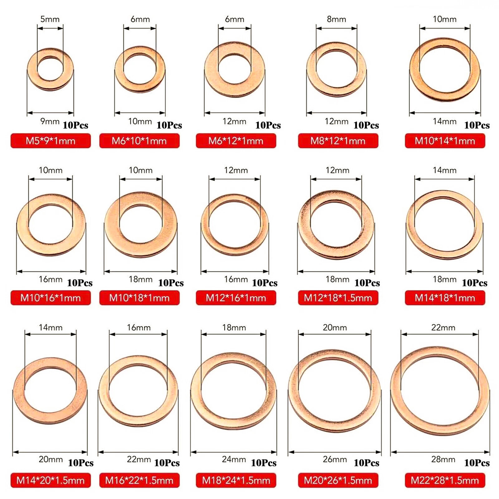 150x M5-M22 Copper Crush Washer Gasket Set Flat Ring Seal Assortment Kit O-Ring