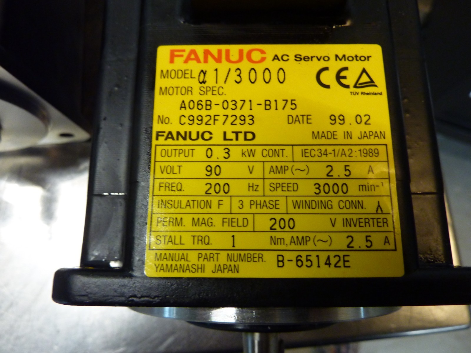 Fanuc a1/3000 A06B-0371-B175 AC Servo Motor 0.3kW 90V 2.5A 3000RPM (32078)