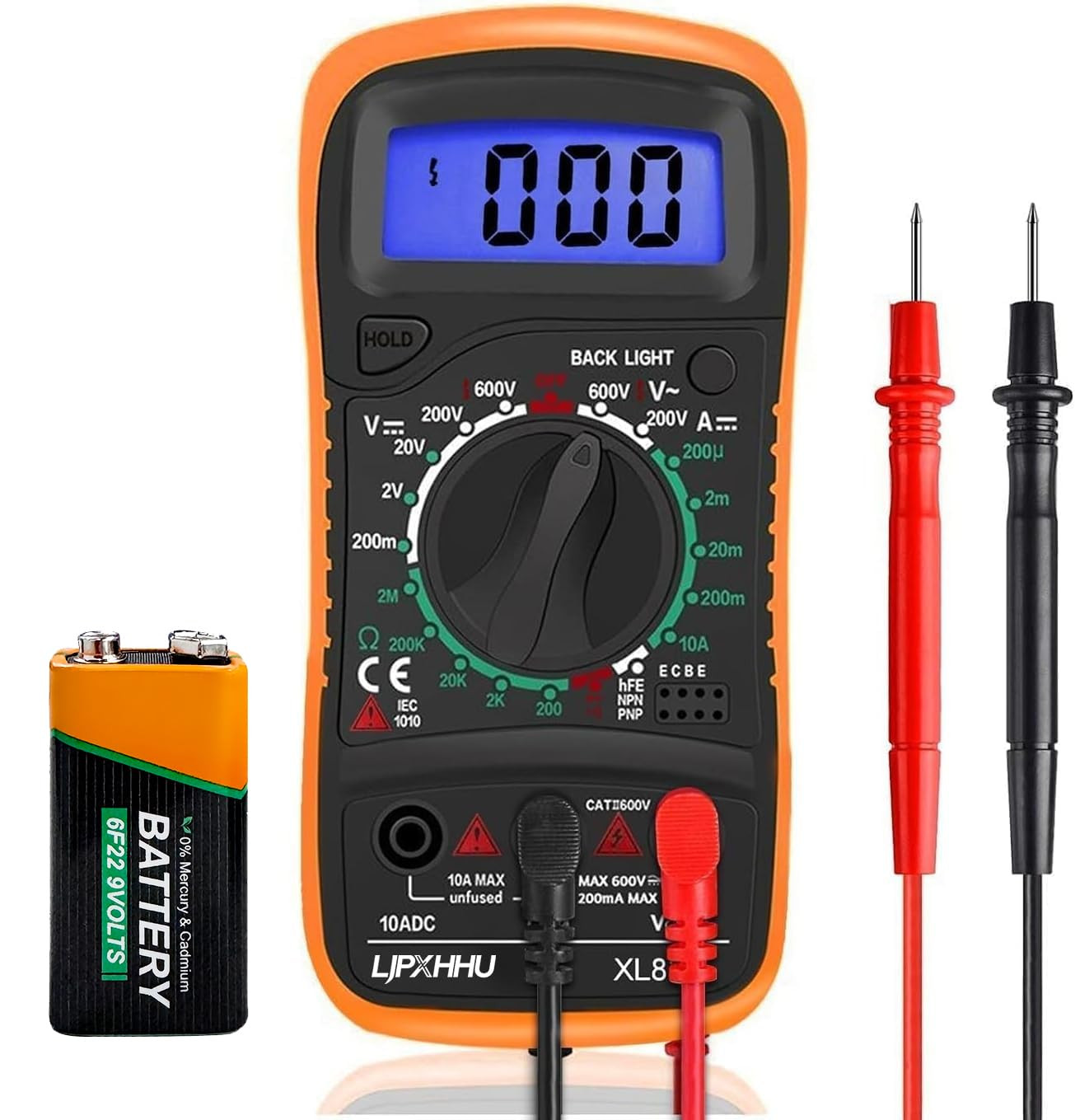 Digital Multimeter AC DC Voltage Current Ohm Tester with LCD & Test Leads
