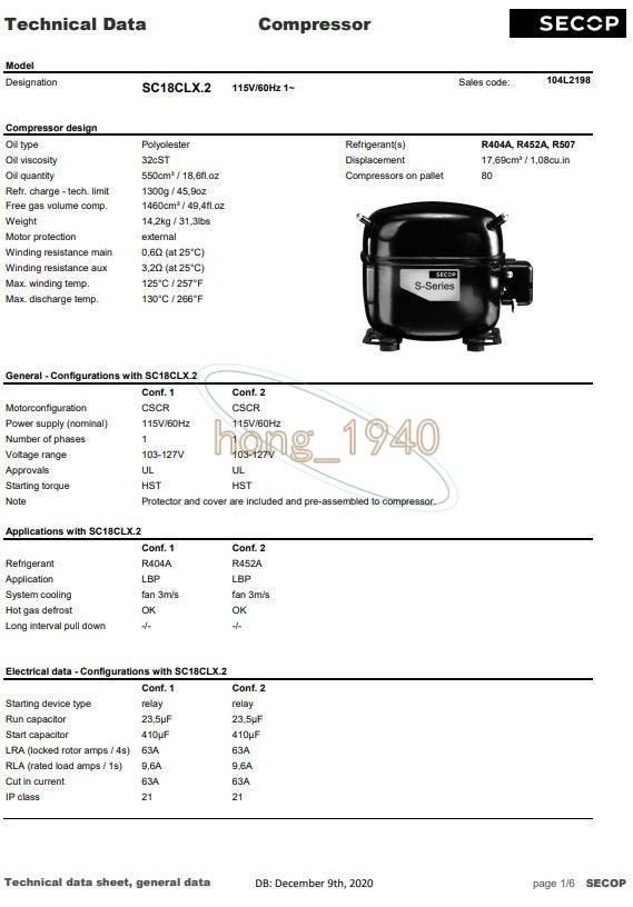 New One SECOP Compressor SC18CLX.2 115V R404a/R507 3/4HP