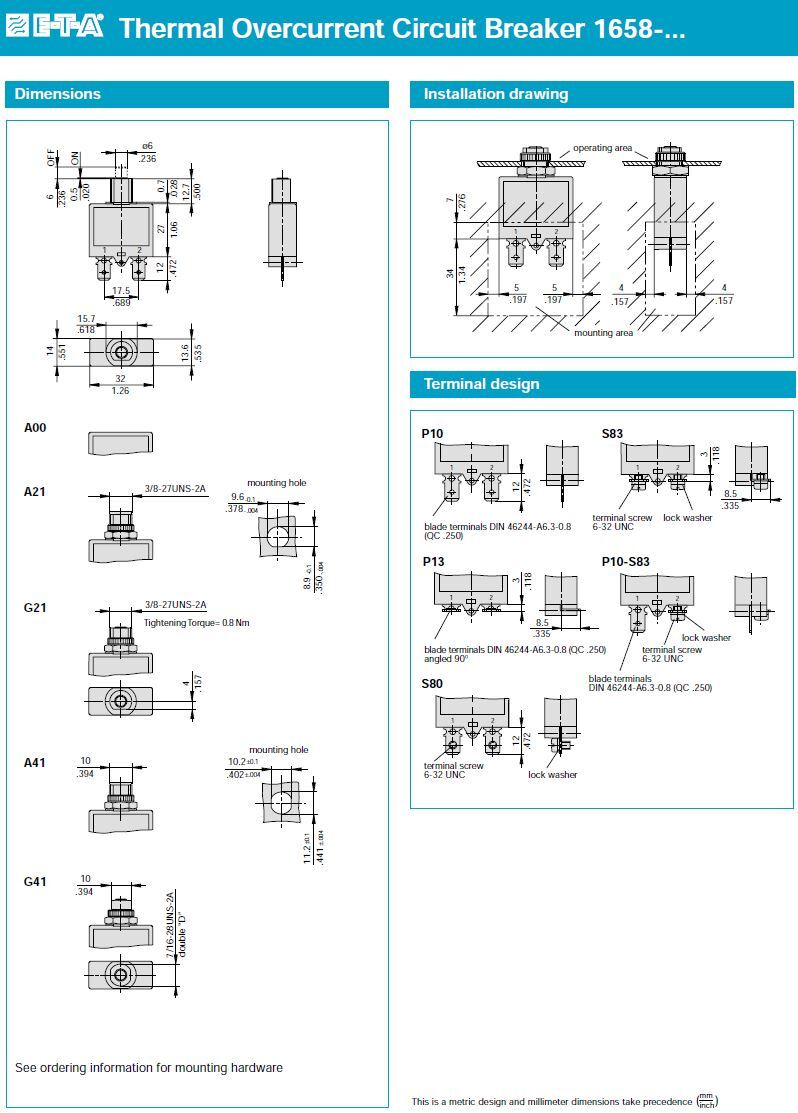 E-T-A ETA Thermal Circuit Breaker 1658 Series – With HARDWARE Options