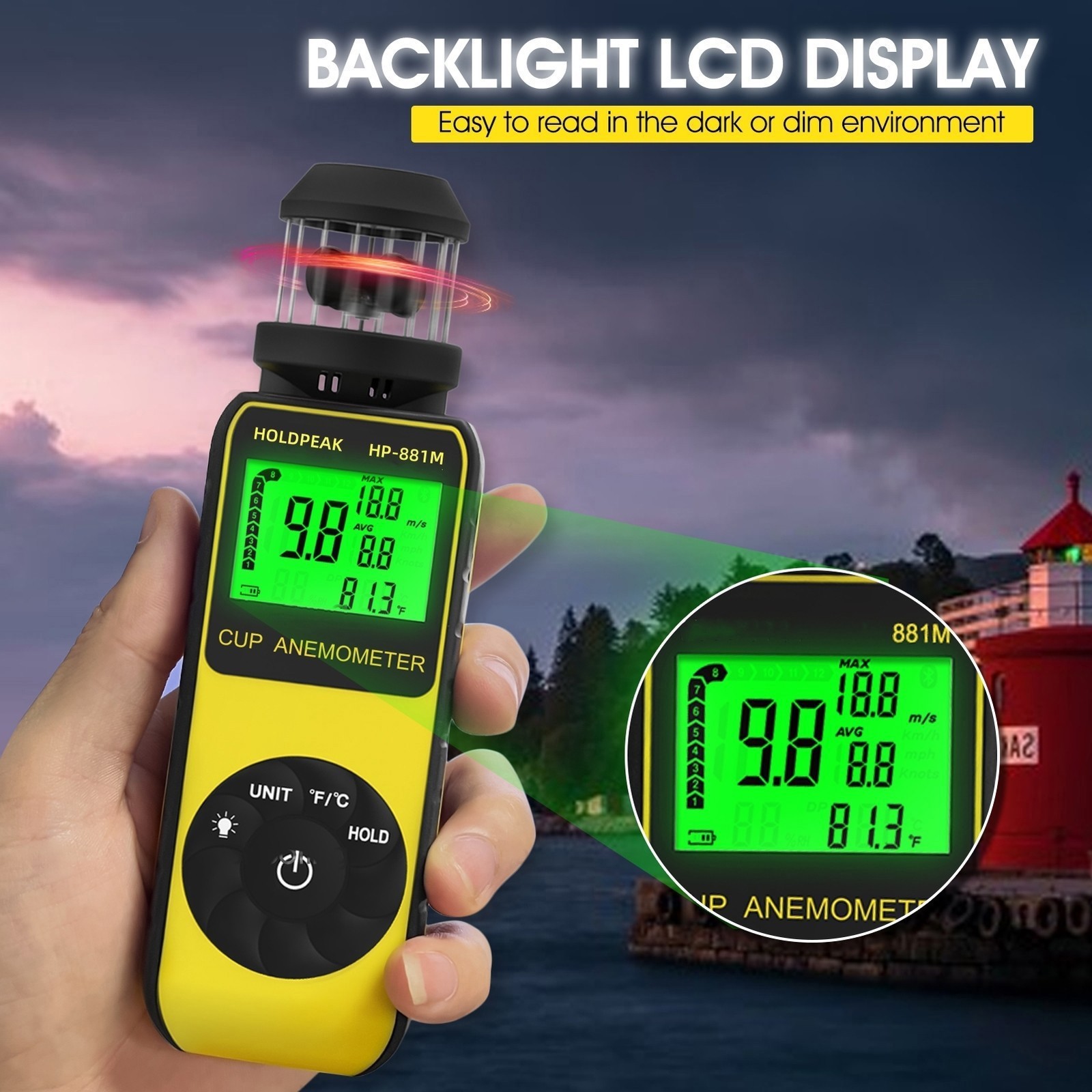 Cup Anemometer, Wind Speed/Temp, 5 Units Backlight Data Hold Max/Avg, Air Flow