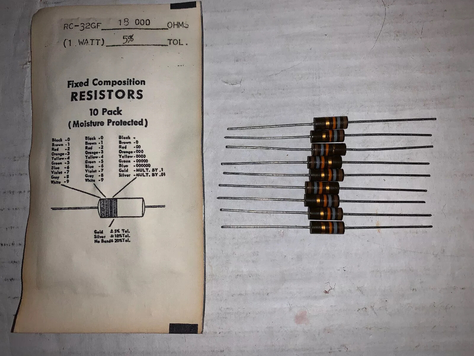10 Lot Of Vintage RC-32GF Carbon Composition Resistors 18,000 Ohm 1 watt New