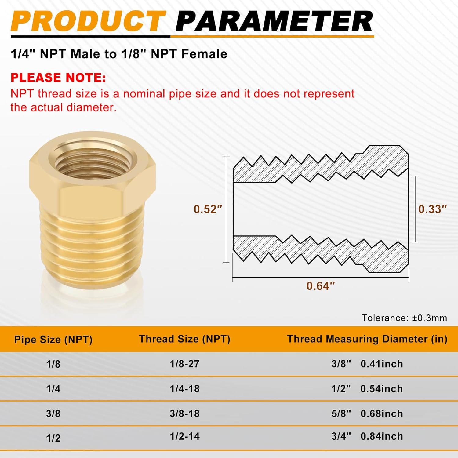4Pcs Heavy Duty 1/4 NPT Male Thread to 1/8 NPT Female Thread Brass Reducer Hex B