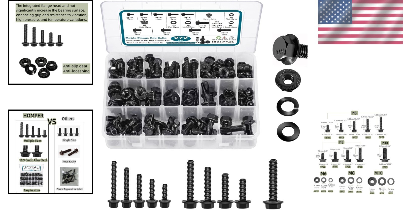 272-Pcs Grade 10.9 Flange Bolts & Nuts Assortment Kit for Automotive Projects