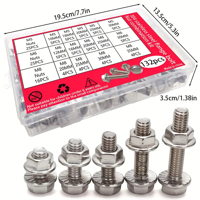 132pcs Stainless Steel Bolt & Nut Kit, M5, M6, M8 Metric Hex Screws 14 Sizes