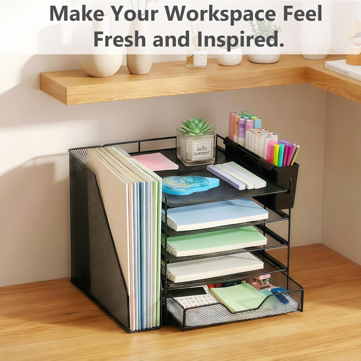 5 Tier Desk File Organizer with Drawer Pen Holder Metal Mesh Black