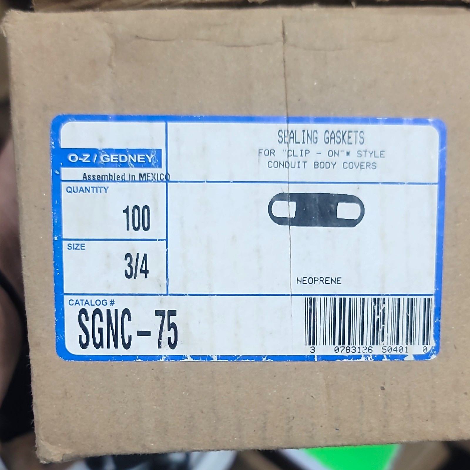 O-Z/Gedney SGNC-75 3/4 in Neoprene Sealing Gaskets for Conduit Body Covers