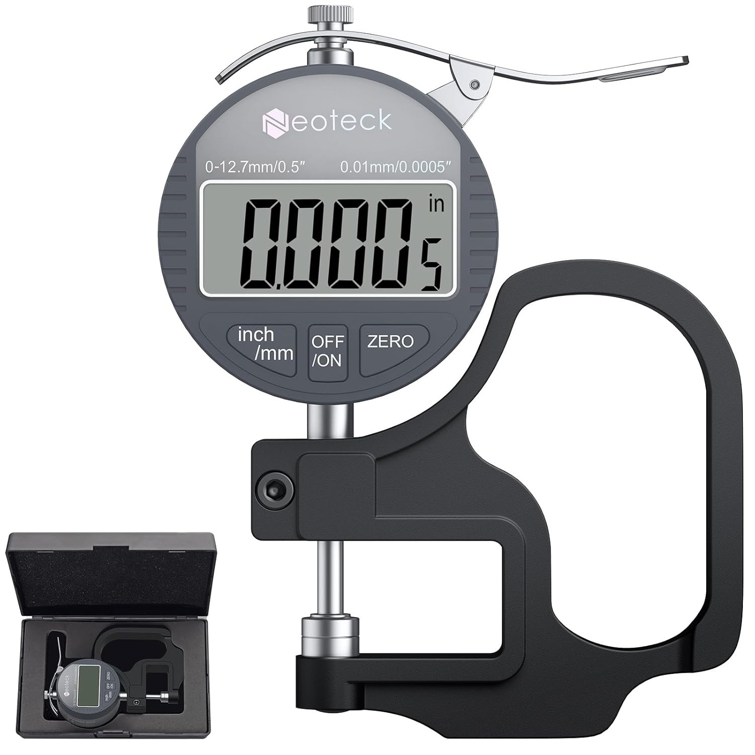 Neoteck Digital Thickness Gauge 0.5in 12.7mm 0.01mm LCD Inch/MM for Leather