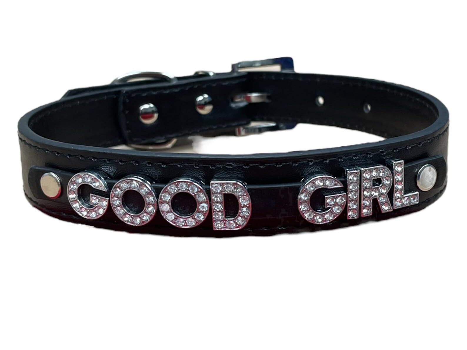 Black Vegan PU Leather Bondage Type BDSM Choker Collar Rhinestone Good Girl D…
