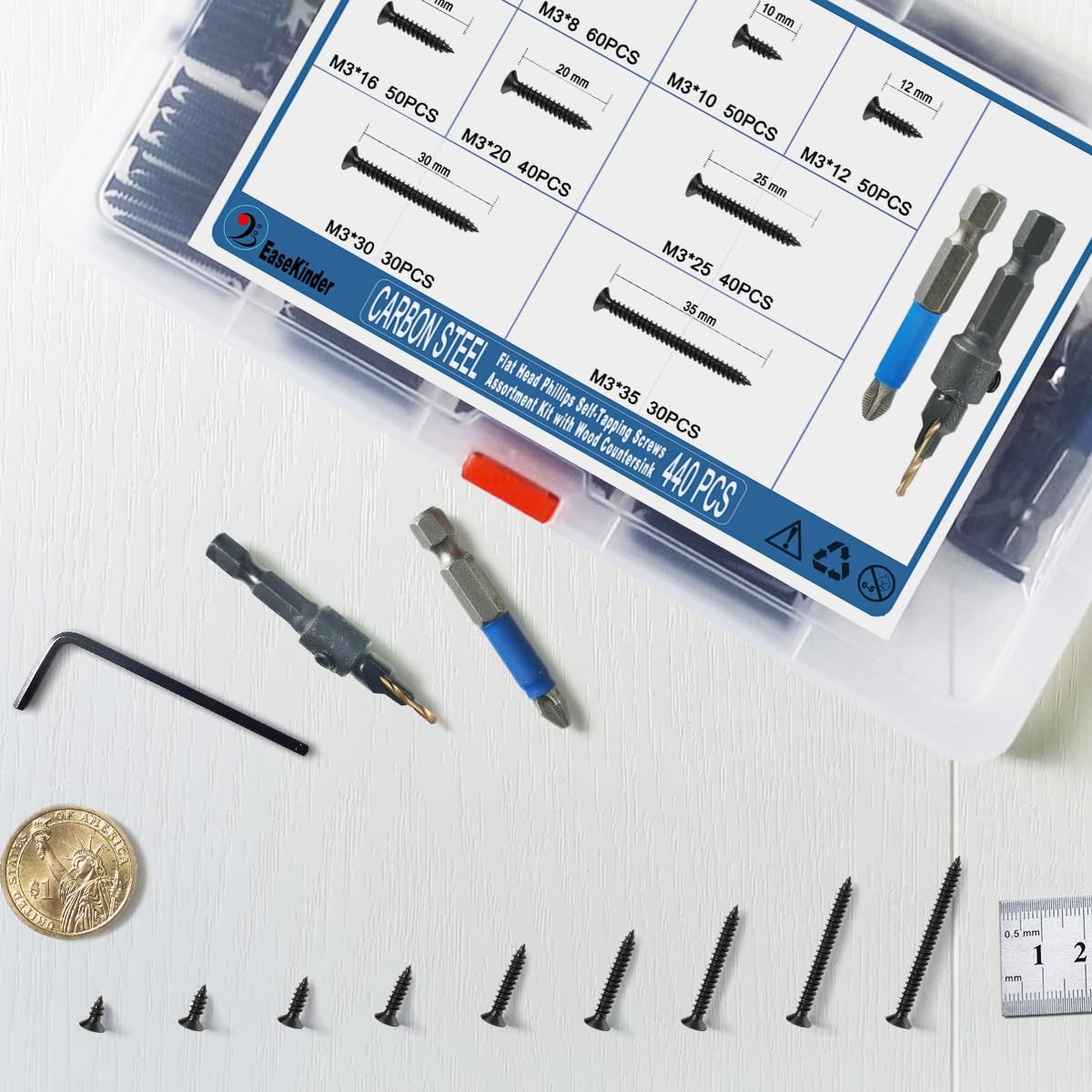 440PCS Flat Head Phillips Wood Screws Assortment Kit, Carbon Steel Self-Tappi…