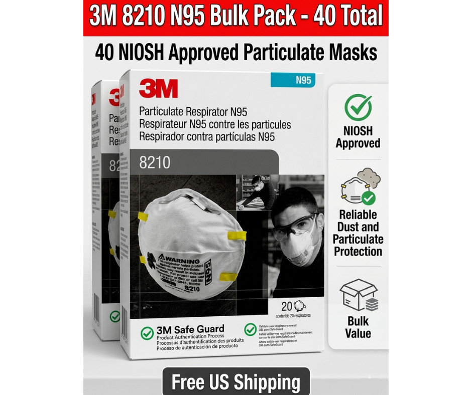 3M 8210 N95 Respirator Mask NIOSH Approved Particulate Dust Mask 40-Pack