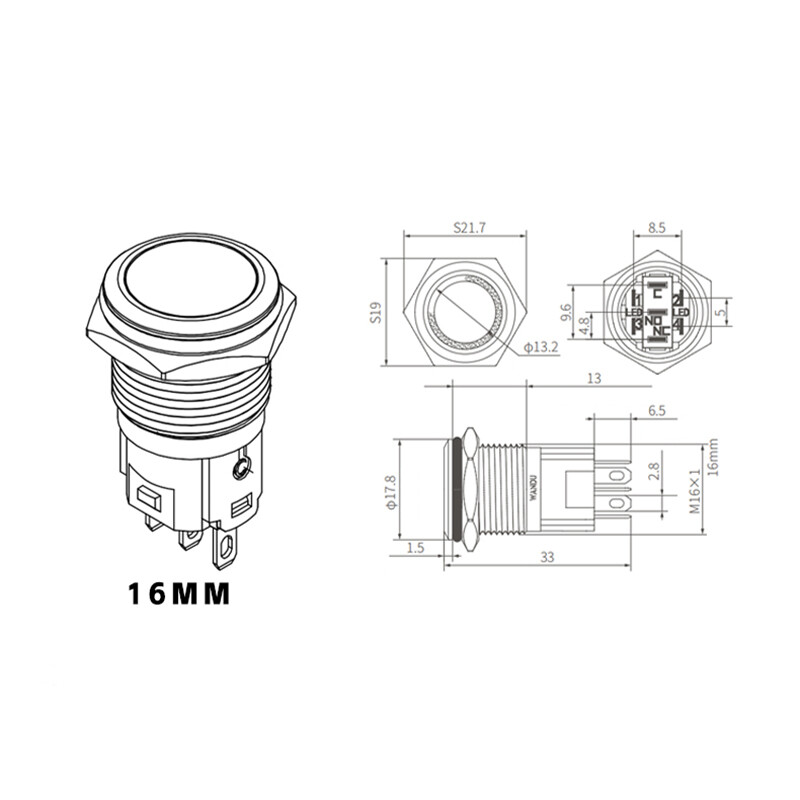 12/16/19/22mm Waterproof Momentary / Latching LED Push Button Switch Metal 3~24V