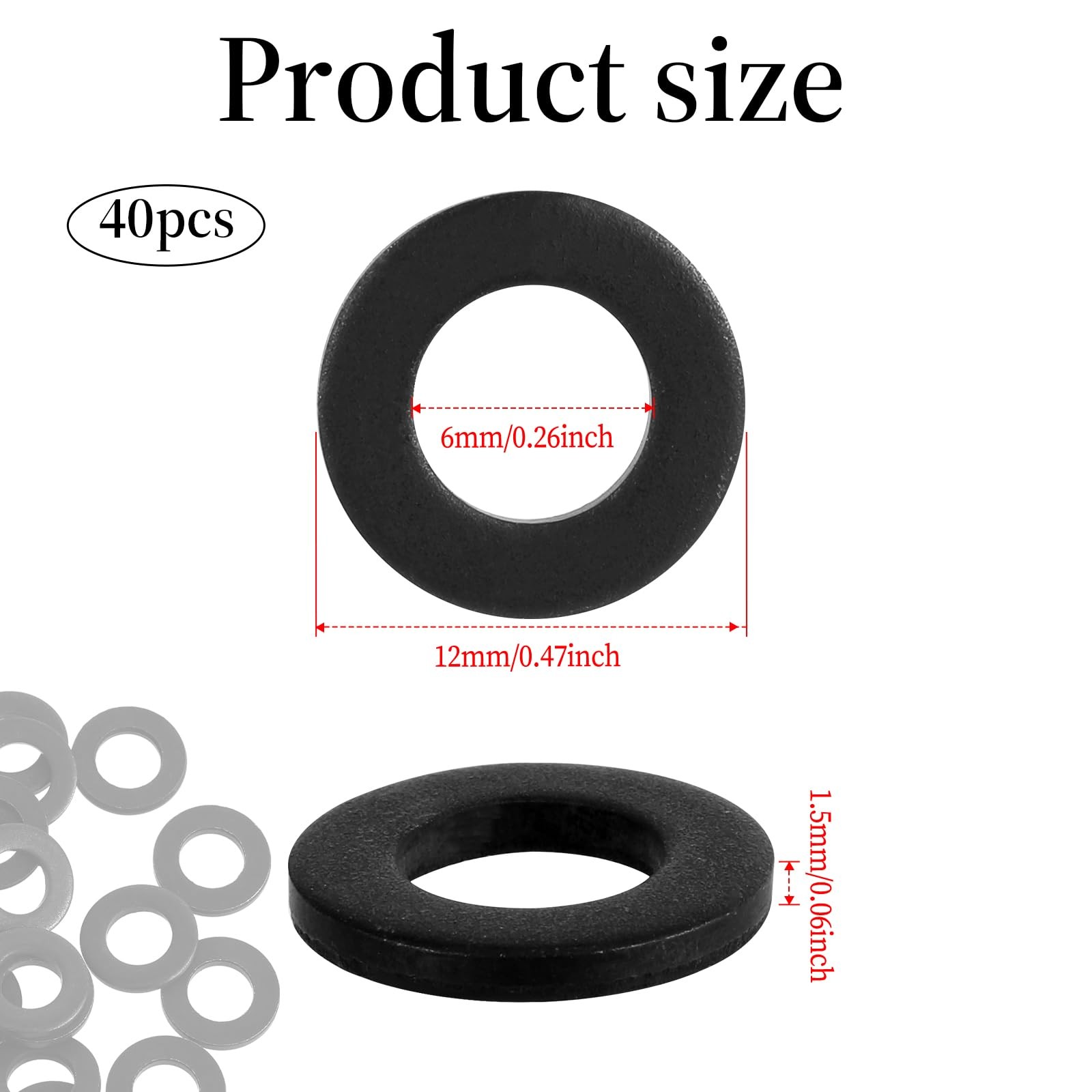 40 PCS M6 Black Flat Washers Carbon Steel 12mm OD Coated Washer Set