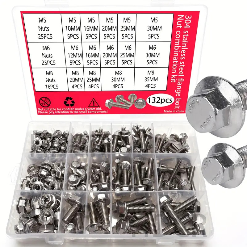 132pcs Stainless Steel Bolt & Nut Kit, M5, M6, M8 Metric Hex Screws 14 Sizes
