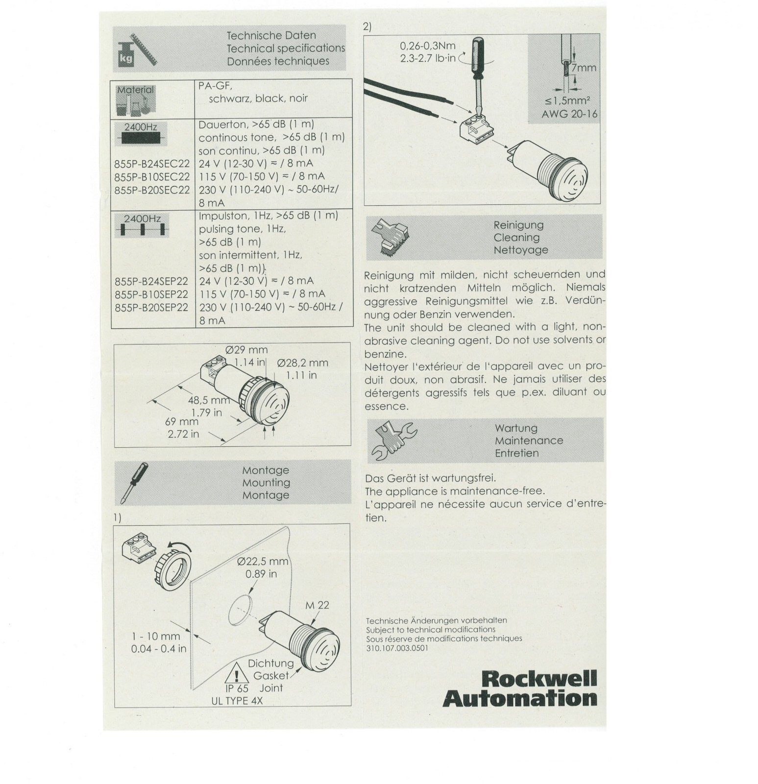 Allen Bradley Alarm Horn / PN: B855P-B10SEP22 65db / (70-150) VAC