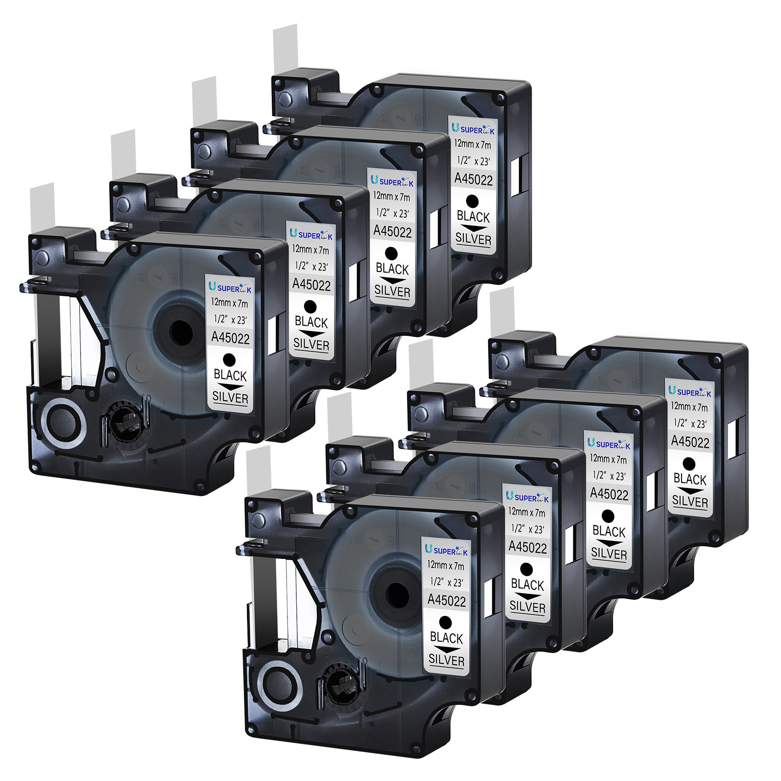 8xA45022 Black on Silver Label Tape Dymo D1 0.47» Work For LabelManager 150 155