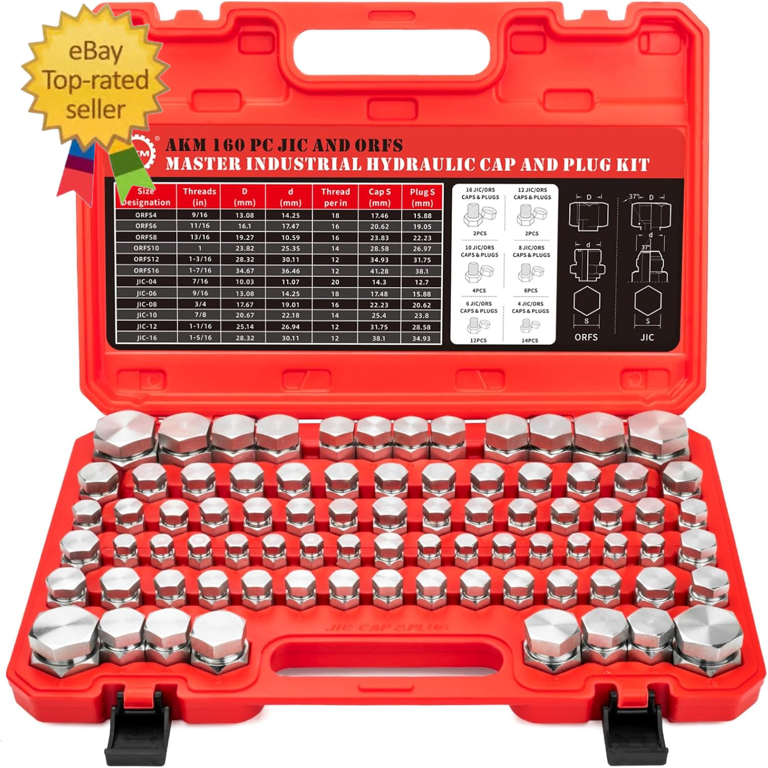 160 PC JIC and ORFS Master Industrial Hydraulic Cap and Plug Hose Tube and Pipe
