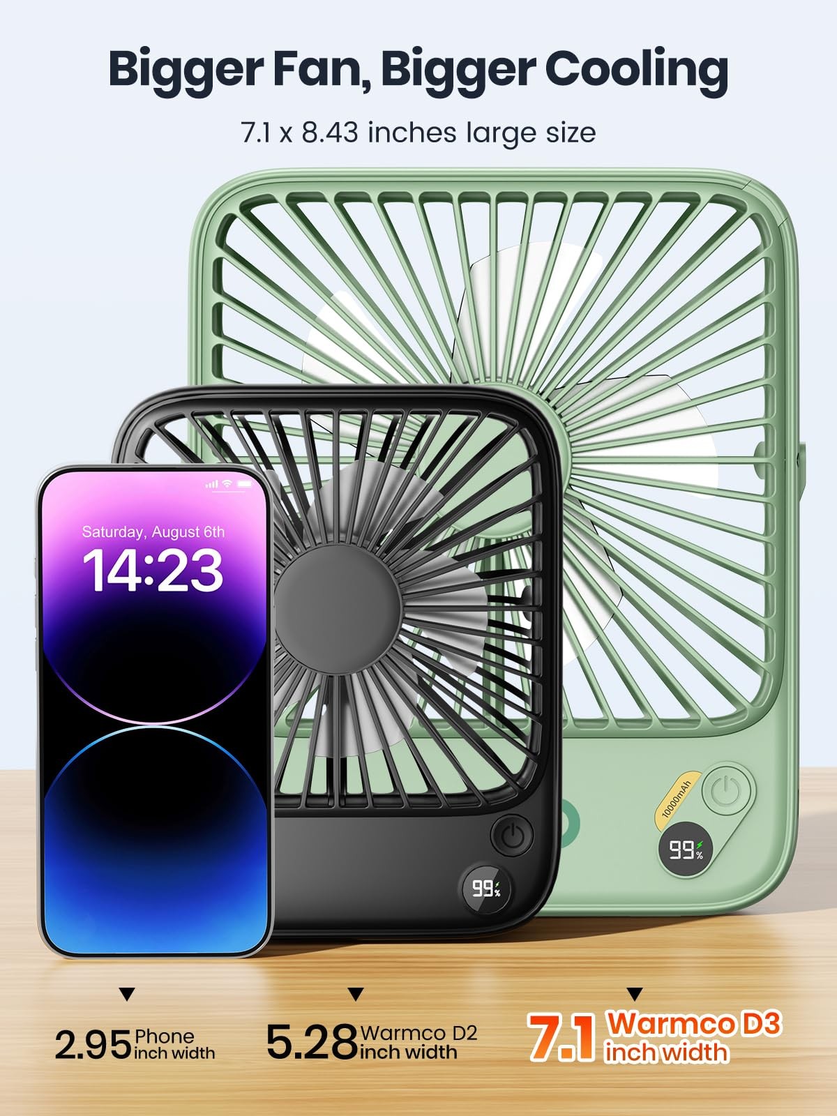 Warmco 10000mAh Portable Travel Fan 7-inch, 1.6″D x 7.0″W x 8.4″H, Sage Green